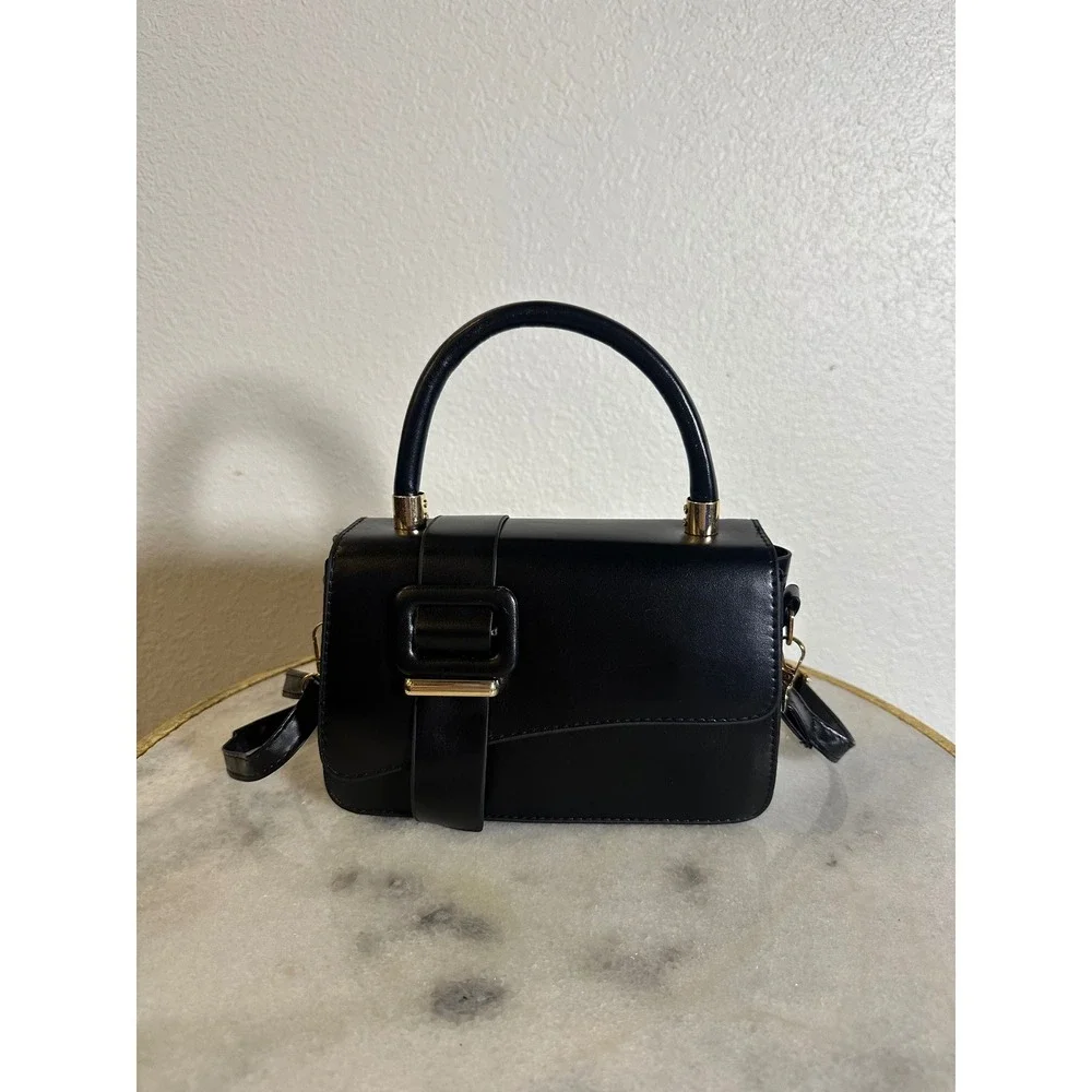 Unbranded Black Vegan Leather Top Handle Satchel Crossbody Bag Gold Hardware